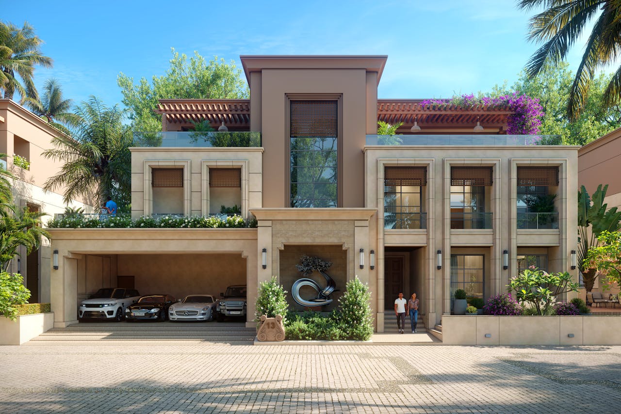 our-story A stunning modern villa showcasing luxury and elegance with exotic cars and lush greenery.